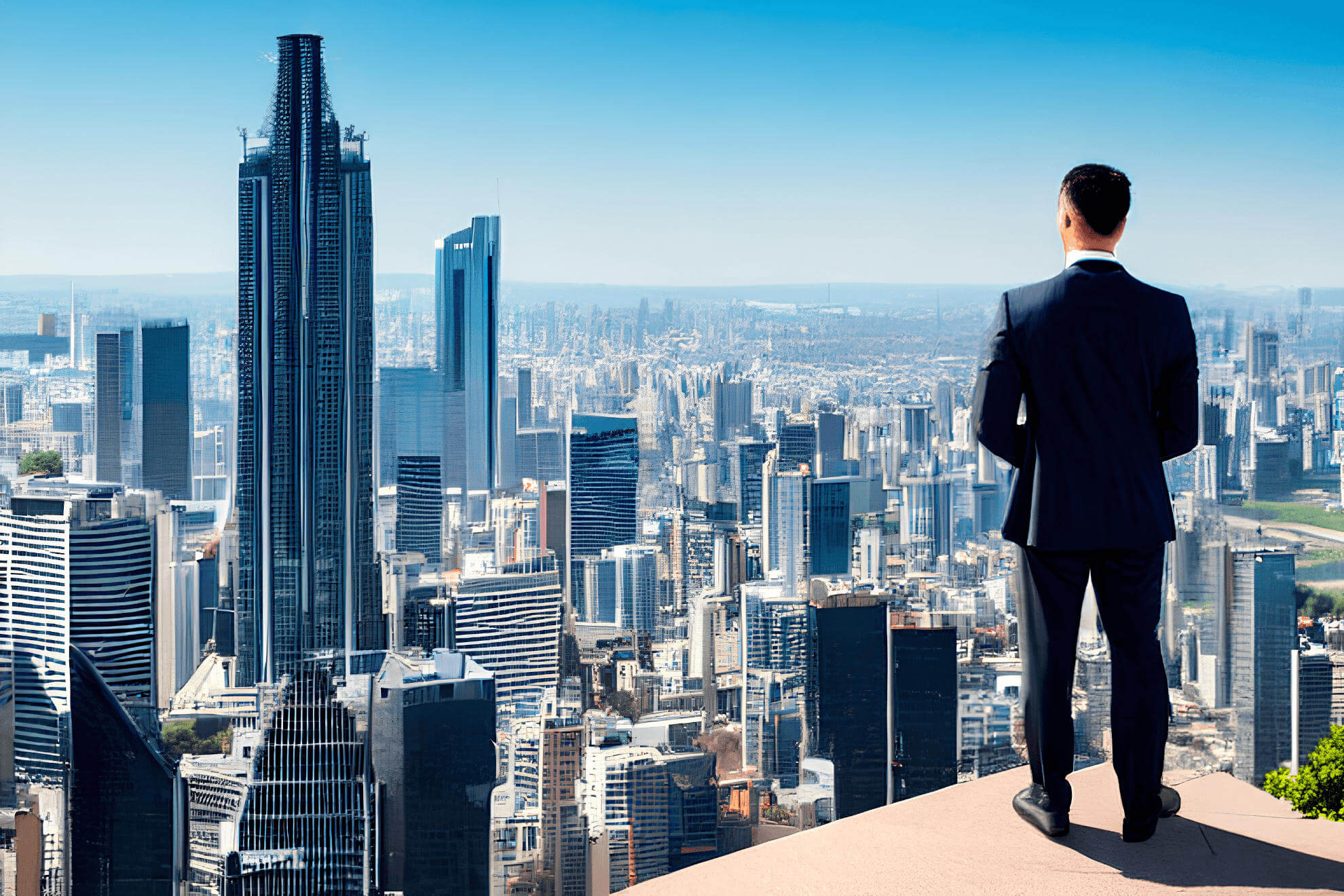 business-owner-happy-standing-on-a-tall-building-in-a-city-overlooking-a-big-city-with-skyscrapers