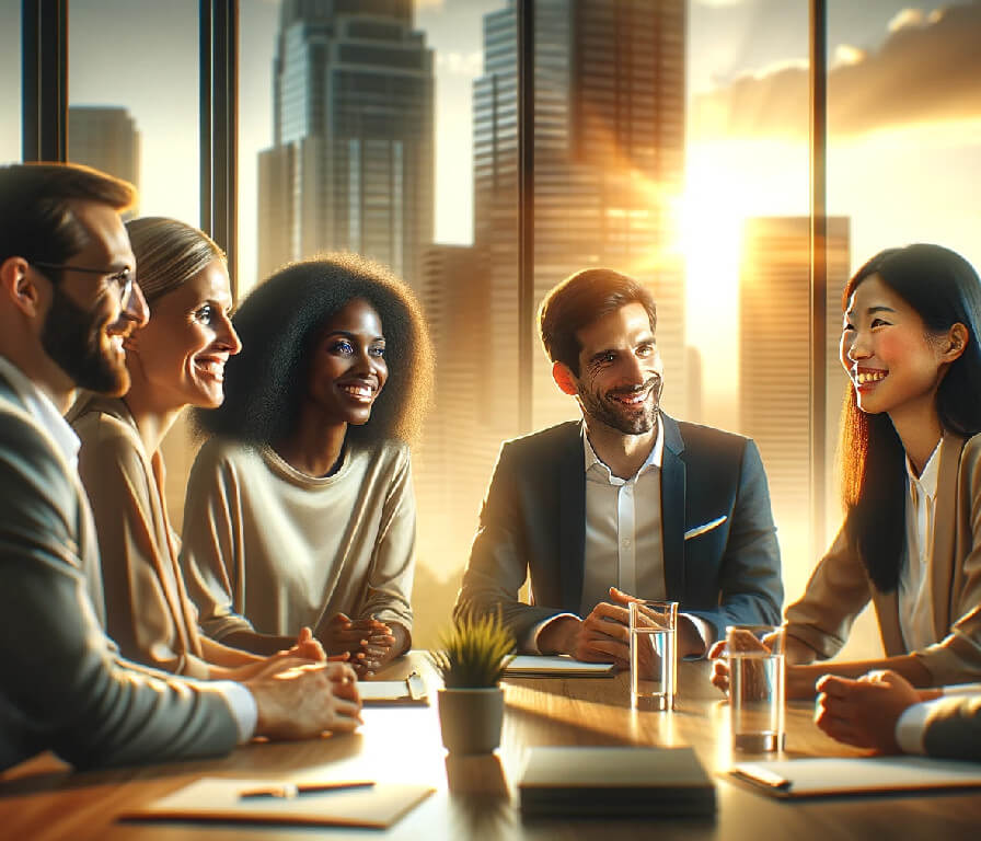 a diverse team and a client in a modern office at sunset, focusing on more natural (1)
